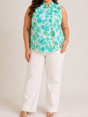 Green Floral Mock Neck Sleeveless Blue 90s Vibes Chinese Top 16W